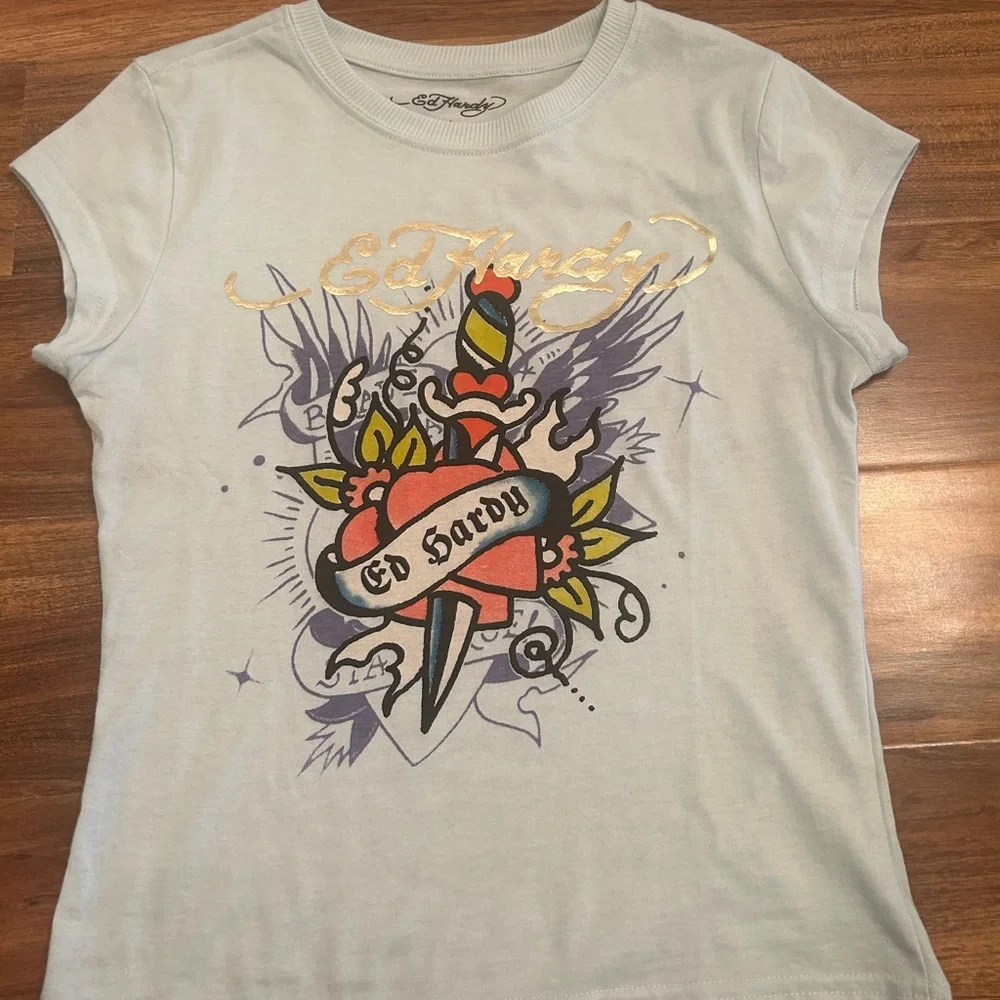 Ed Hardy Blue Short Sleeve Tee with Artistic Graphics - Picture 3 of 4